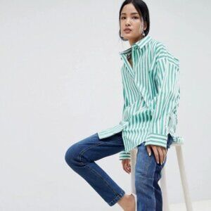 Gestuz Oversized Green & White Striped Cotton Button-Down - Size 36